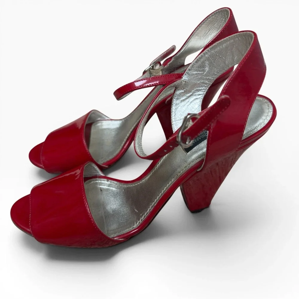 Dolce & Gabbana Sandals Womens 37.5 Red Patent Leather Peep Toe Cone Heel Italy